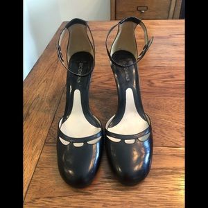 BCBG black leather, Ankle strap heels